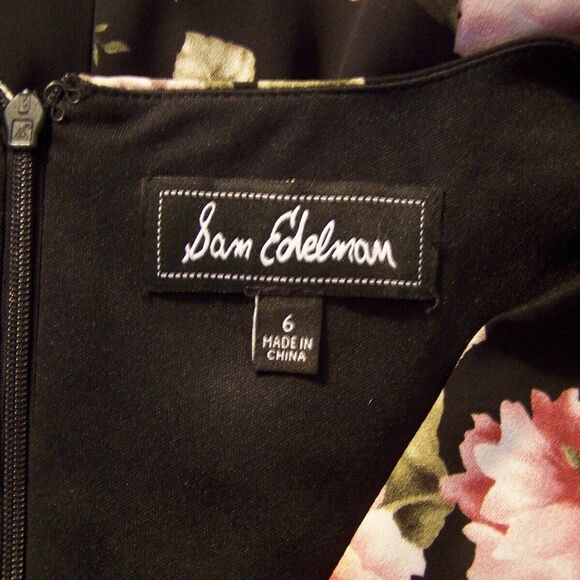 Sam Edelman Black Floral Dress Womens Sz 6 Shift 3/4 Bell Sleeves Lined V-Neck - Picture 10 of 11